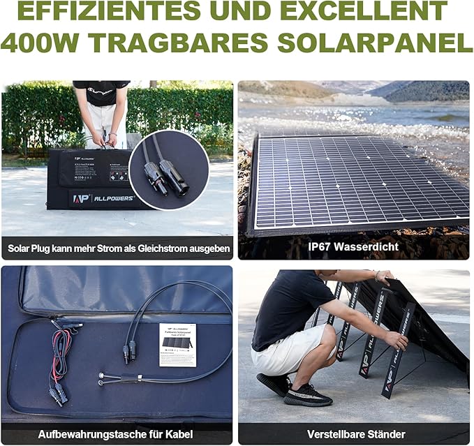 ALLPOWERS SP037 400 watt Solar Panel Foldable Portable Solar Charger with 25% High Efficiency Monocrystalline Cells 400w Solar Panel IP67 Waterproof for RV Camping Motorhome Off-Grid Power Backup