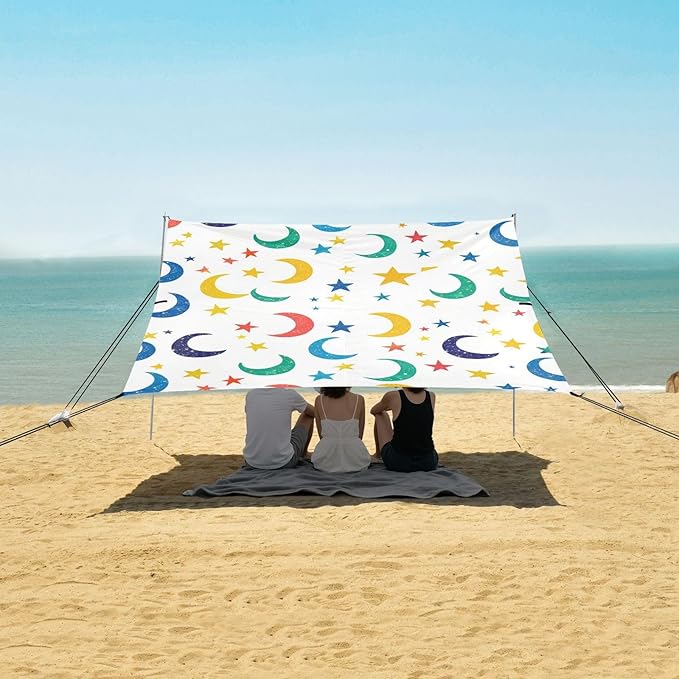 ALAZA Colorful Moon Stars Seamless on White Beach Tent Sun Shelter Portable Canopy Sunshade for Outdoor Camping Picnics Backyard Fun 10x9 ft