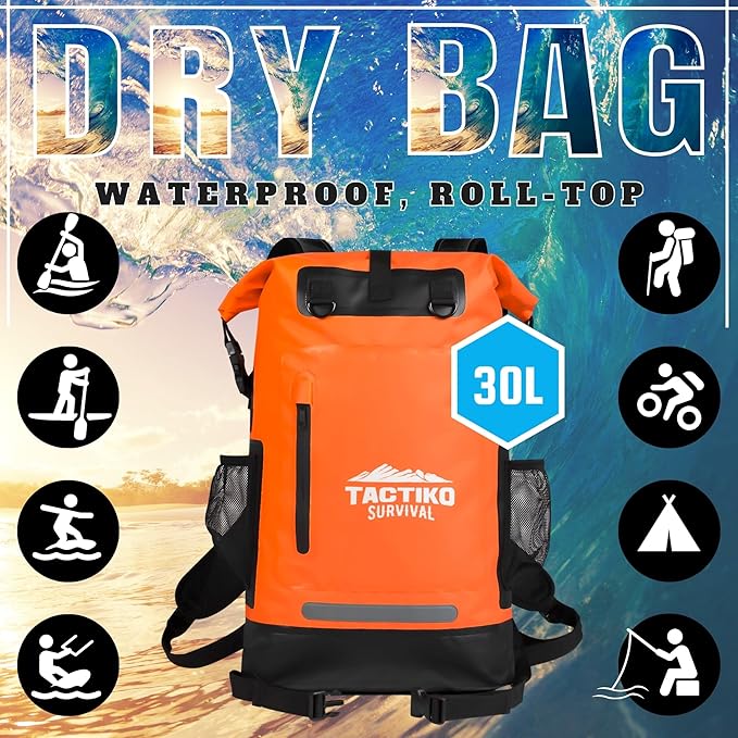 Tactiko 30L 100% Waterproof Backpack &amp 2L Splashproof Tarpaulin Zipper Pouch - Roll Top Dry Bag for Watersports &amp Travel Bag - Protection from Water Mud Sand Outdoor Camping (Orange)