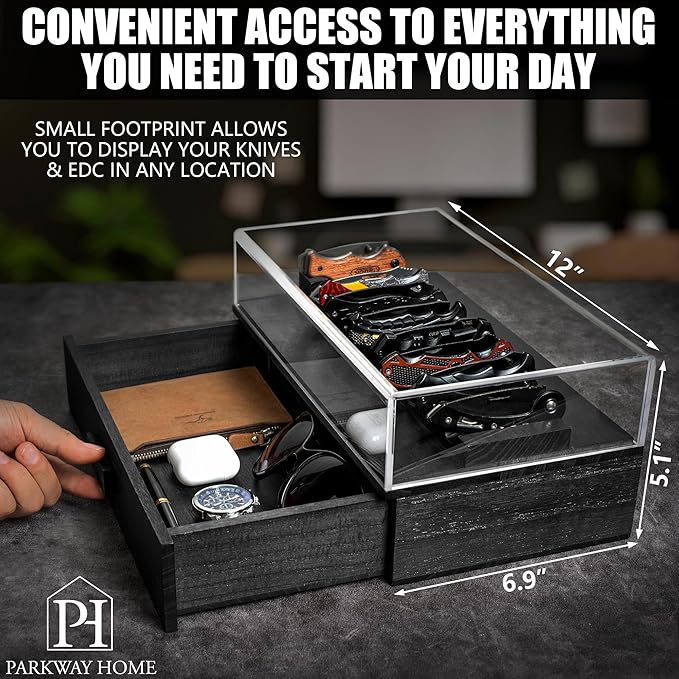 Black Pocket Knife Display Case with Sturdy Clear Cover - Wooden Knife Collection Case for 16 Knives - Two-Tier Knife Cases for Collections with a Removable Drawer Insert for Other EDC Items