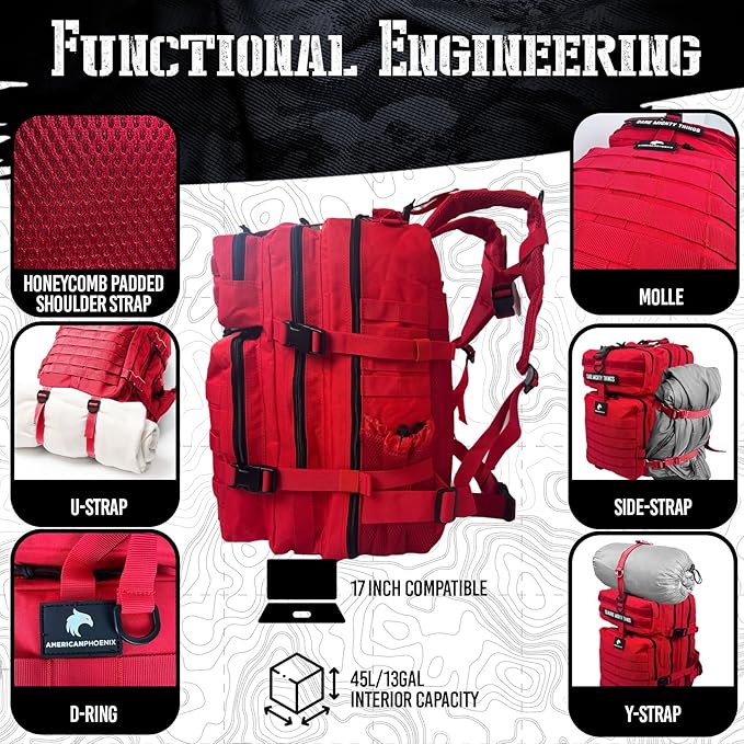 AMERICANPHOENIX 45L Elite Tactical Backpack | 3X Stronger Work &amp Military Backpack | Water Resistant and Heavy Duty | 3 Day MOLLE Bug Out Bag (Scarlet Sage)