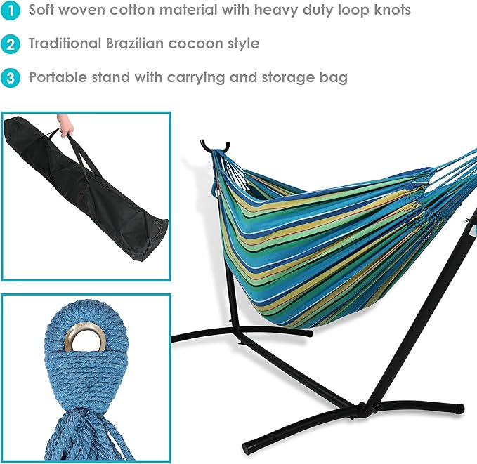 Sunnydaze Double Brazilian Hammock with Stand and Carrying Case - 400-Pound Capacity - Black Stand - Sea Grass