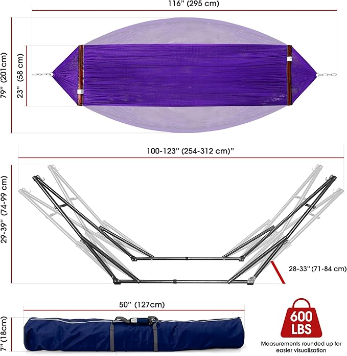 Tranquillo Collapsible Hammock Stand Folding Camping Hammock and Stand 600 lbs Capacity Double Hammock Stand for 2 Persons Heavy Duty Folding Hammock for Indoor Outdoor Quick Assembly Purple