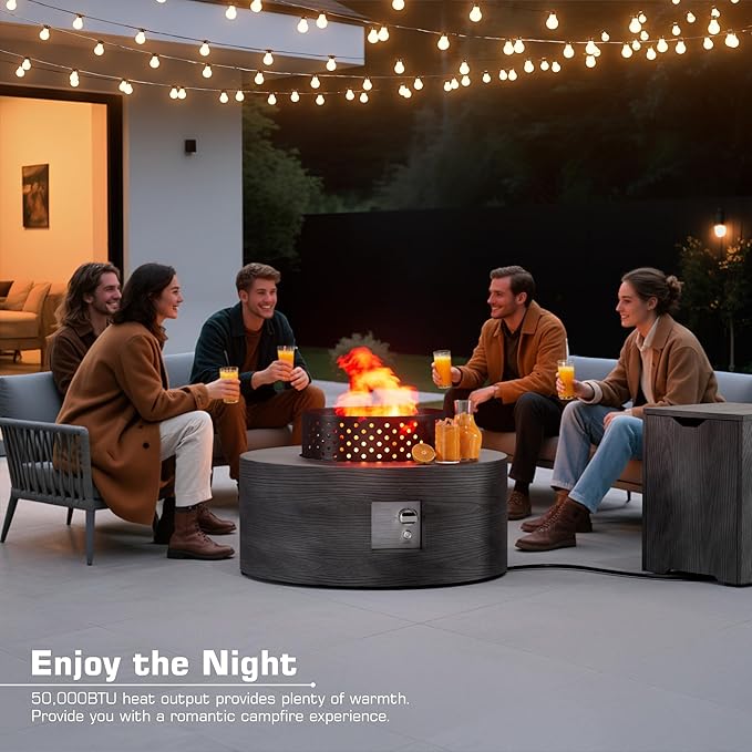 2-Piece 30 Round Propane Fire Pit for Outside Patio with Hidden Tank Table 50000 BTU Fireplaces with Wind Guard Lid Glass Rocks Cover(Wood Grain Ebony)
