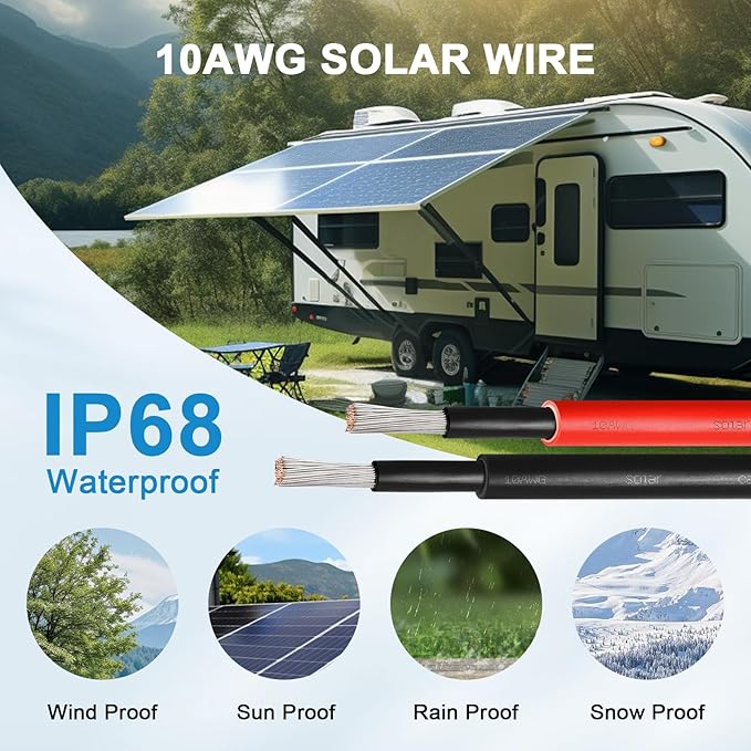 MOOKEERF Solar Pane Wire 10 AWG - Solar Extension Cable 250Ft Black &amp 250Ft Red 10 Gauge Tinned Copper PV Wire for Outdoor Automotive RV Solar Panel Boat Marine (Black+Red)