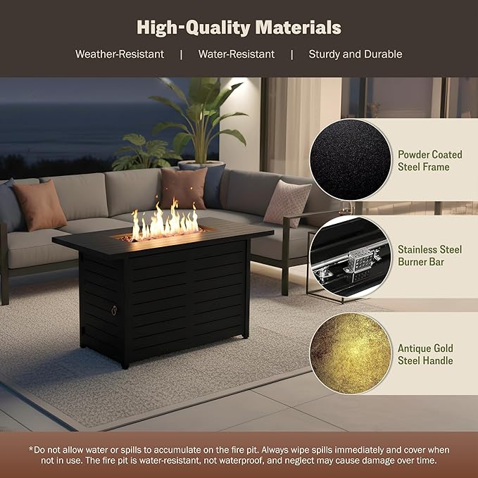 Kinger Home 42-Inch Ore Outdoor Propane Fire Pit Table 50000 BTU Powder-Coated Stainless Steel Patio Firepit with Lava Rocks Black