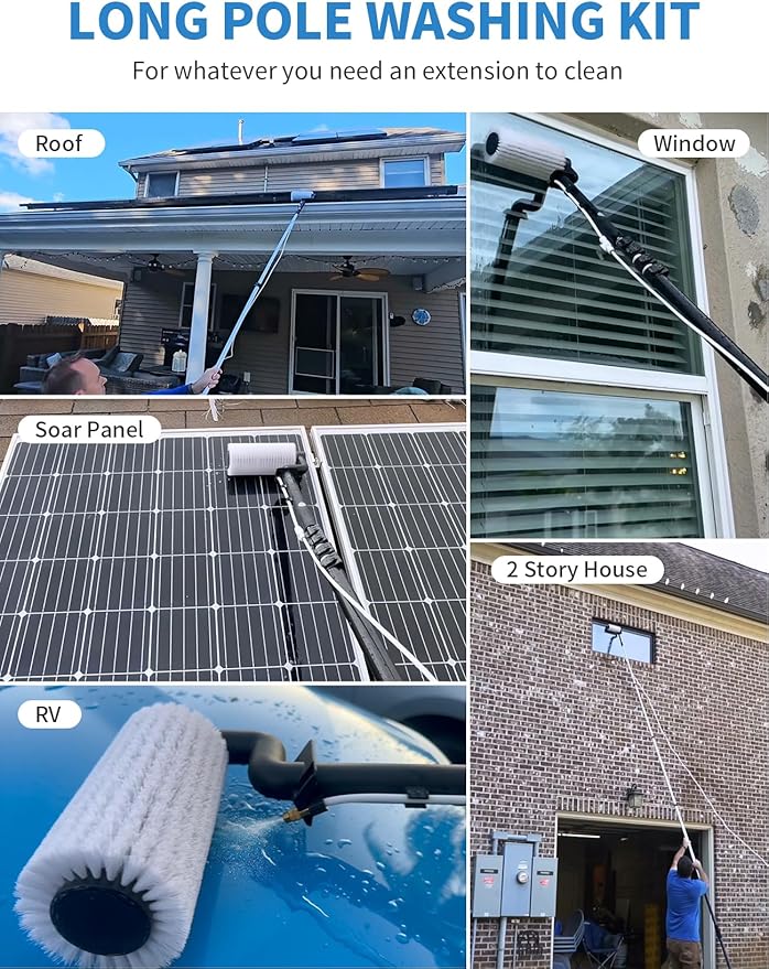 Solar Panel Cleaning Brush and Pole 20FT Electric Cleaning Roller Brush with Telescopic Water Fed Pole 100Mins Runtime 2 Spin Speeds Outdoor Window Cleaning System for Solar Panel Window Roof