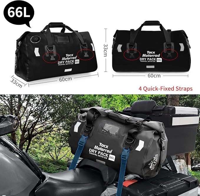 Waterproof Duffel Bag for Men/Women Roll-top Dry Backpack Duffel Bag with Quick-fixed Straps Motorcycle Tail Saddle Bag for Motorcycling Rafting Boating Kayaking Travel 66L-Black