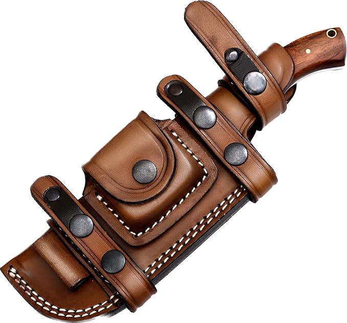Ottoza D2 Steel Camping Tracker Knife with Wood Handle and Horizontal Carry Leather Sheath – Full Tang Outdoor Hunting Knife 116