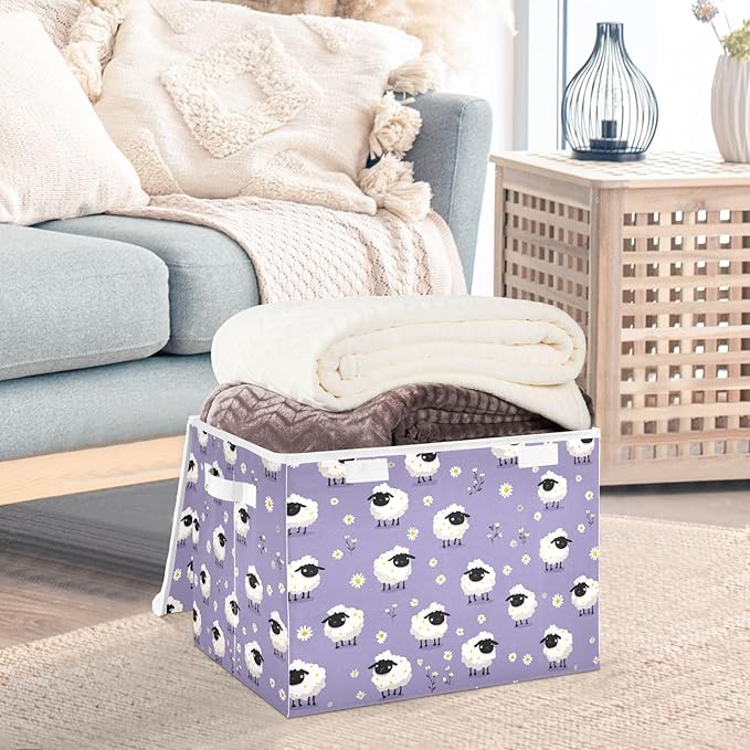 Lavender Sheep and Daisy Collapsible Storage Bins with Lids Decorative Fabric Cubes Closet Organizer Basket Boxes Containers for Clothes Box Chest Folding Rectangle