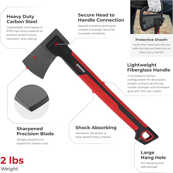 INTERTOOL Long Hatchet Camping Axe for Wood Chopping and Kindling - 18 Ax Tool for Splitting Firewood &amp Outdoor Survival Gardening Hiking with Shock Absorbing Anti-Slip Handle &amp Sheath - HT