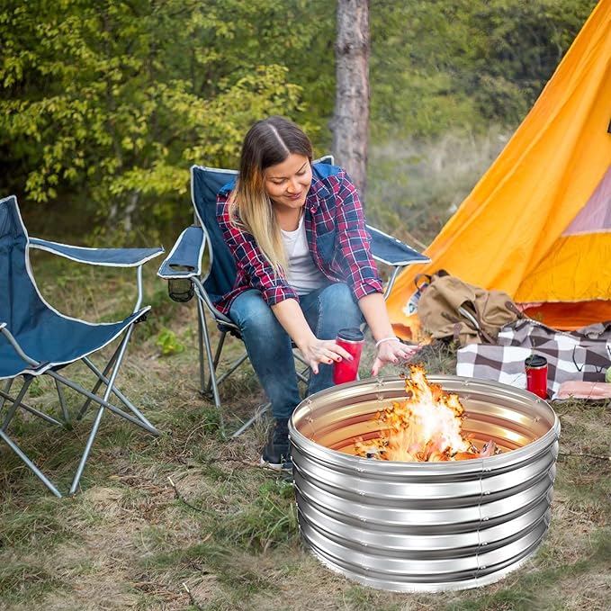 39 Inch Fire Pit Ring for Outside 17'' Tall Heavy Duty FirepitWood Burning DIY In Ground or Above-Ground Outdoor Heavy Duty Galvanized Steel Fire Pits for Backyard Bonfire Patio &amp Camping