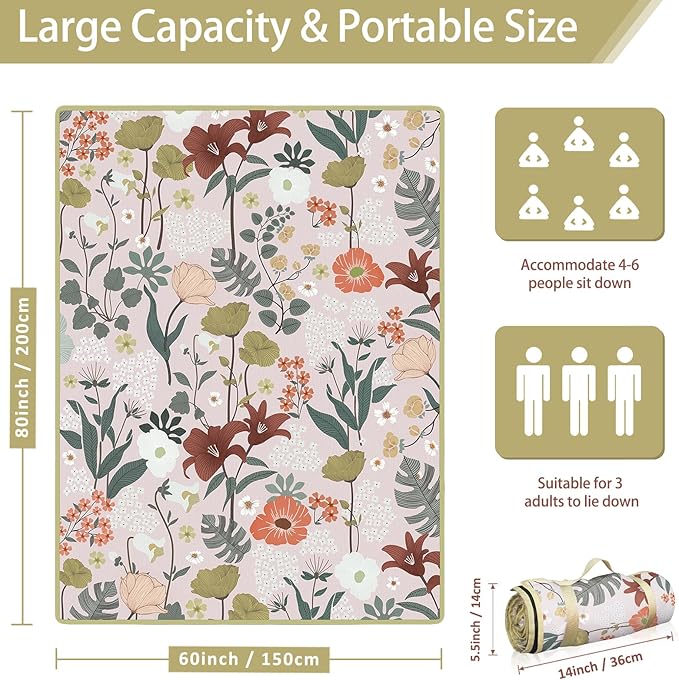 Floral Picnic Blankets Waterproof Foldable 60″X80″ Packable Picnic Mat Flowers Outdoor Blanket for Grass Large Beach Blanket Sandproof Picnic Accessories for Camping Music Festival Park Lawn Travel