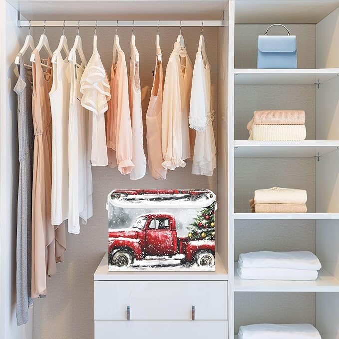 Collapsible Storage Bins Truck Christmas Tree with Lids &amp Handles Foldable Storage Boxes Basket with Flip-Top Lid for Home Office 16.5” x 12.6” x 11.8”