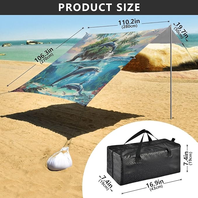 ALAZA Dolphins Tropical Island Caribbean Beach Tent Sun Shelter Portable Canopy Sunshade for Outdoor Camping Picnics Backyard Fun 10x9 ft