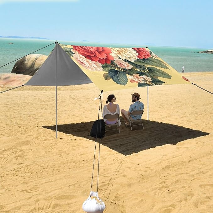 Florals Rose Dahlia Gladiolus Yellow Beach Cabana UPF50 Waterproof Large Sun Shelter Includes Sand Shovel Sandbags Stability Poles for Camping Picnics Backyard &amp Fishing