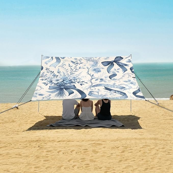 Elegant Ribbons Bows Beach Tent Sun Shelter Set UPF50+ UV Protection 10.5 x 9.19 FT Camping Shade Canopy with Sandbags Sand Anchors Carrying Bag and Others