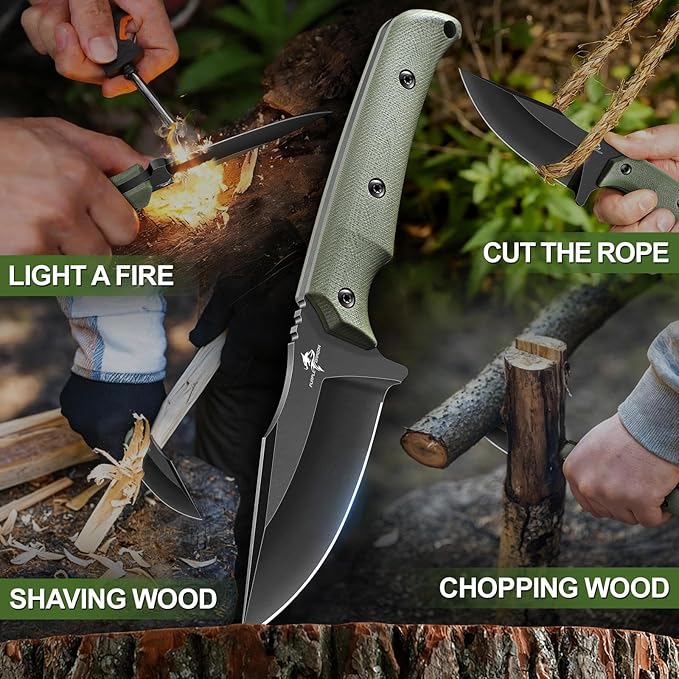 Purple Dragon Fixed Blade Knife - Full Tang Hunting Knife Forged from a Single Piece of D2 Steel - Camping Knives with G10 Handle and Kydex Sheath - Outdoor Gift for Men - Green
