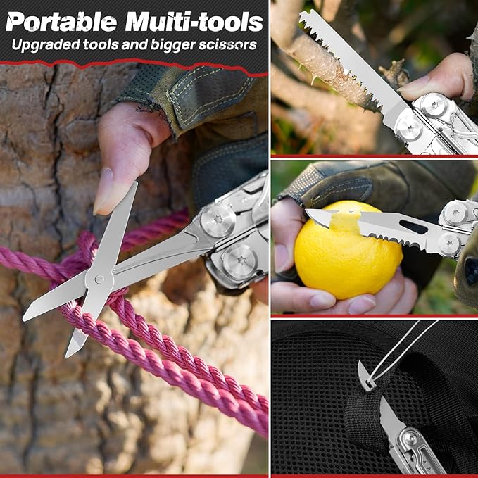 BIBURY Multitool Pliers BI2038B 22-in-1 Stainless Steel Multi Tool with Flint Window Breaker Scissors Back Clip Folding Pocket Multifunctional Self-locking EDC Tool for Survival Camping Hiking