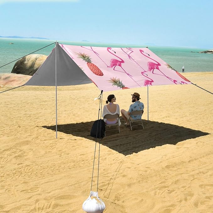 xigua Flamingos Beach Tent Sun Shelter with Carrying Bag - Silver Coated Oxford Fabric Beach Canopy for Beach Camping Fishing - Includes Windproof Ropes Sandbags &amp Stakes