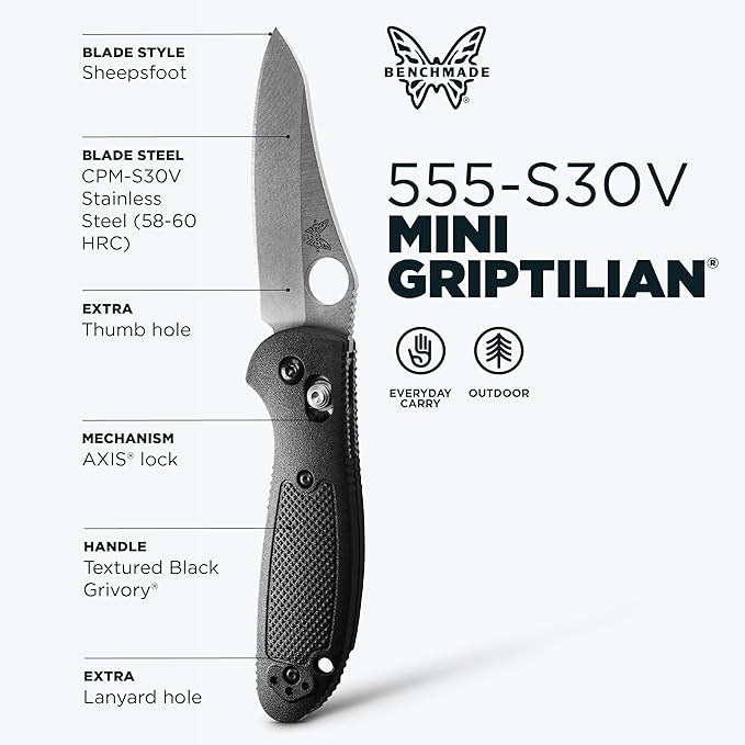 Benchmade Mini Griptilian Knife Drop-Point Blade Made EDC Manual Finish 556 Handle
