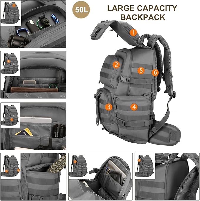 50L Military Tactical Backpack Molle Rucksack Large Army 3 Day Assault Pack Heavy Duty Backpack for Men (Grey)