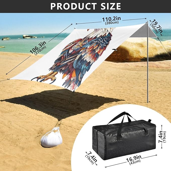 ALAZA Eagles America Color Feathers Beach Tent Sun Shelter Portable Canopy Sunshade for Outdoor Camping Picnics Backyard Fun 10x9 ft