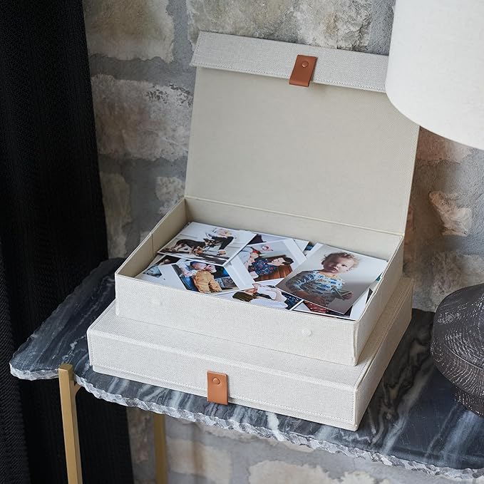 Decorative Photo Storage Boxes with Lids - Set of 2 Beautiful Linen Organizers Are Perfect to Safely Store Your Pictures Documents Scrapbooking Supplies Keepsakes and Other Memories in Style