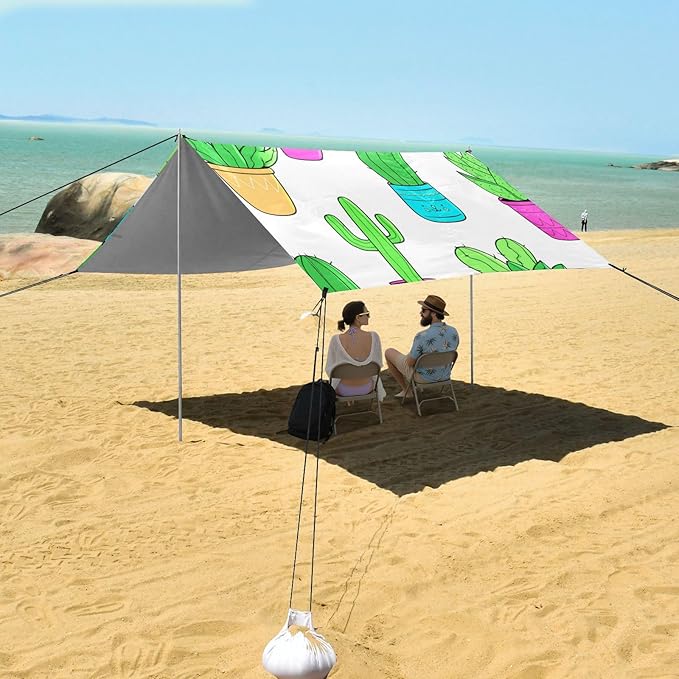 Beach Canopy with Windproof Ropes &amp Sandbags Beach Tent Sun Shade Sun Shelter for Camping Trips Fishing Backyard Fun or Picnics Cactus