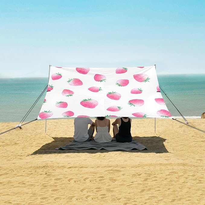 xigua Strawberry Beach Tent Sun Shelter with Carrying Bag - Silver Coated Oxford Fabric Beach Canopy for Beach Camping Fishing - Includes Windproof Ropes Sandbags &amp Stakes