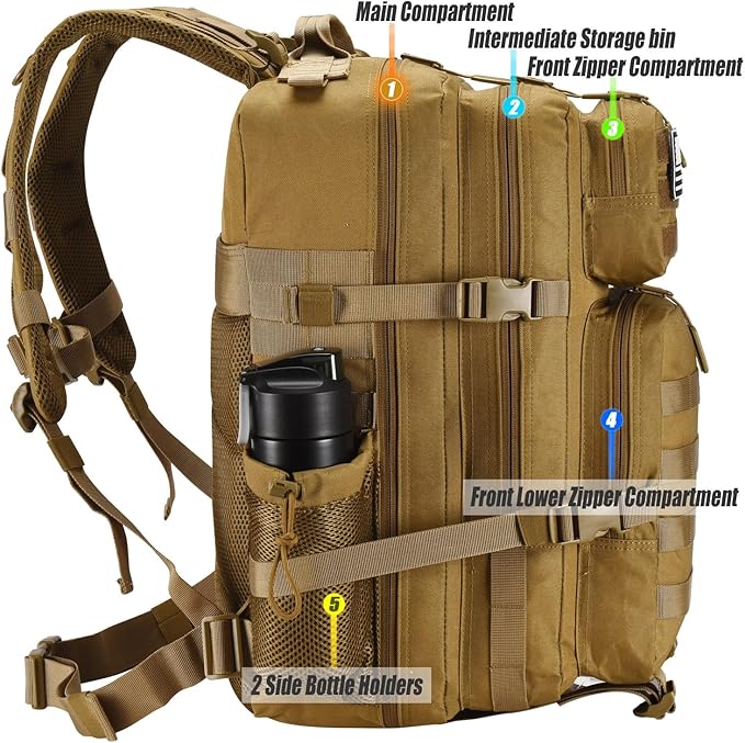45L Tactical Backpack for Men Women Military Assault Pack with MOLLE Large 3 Day Bug Out Bag for Hiking Camping