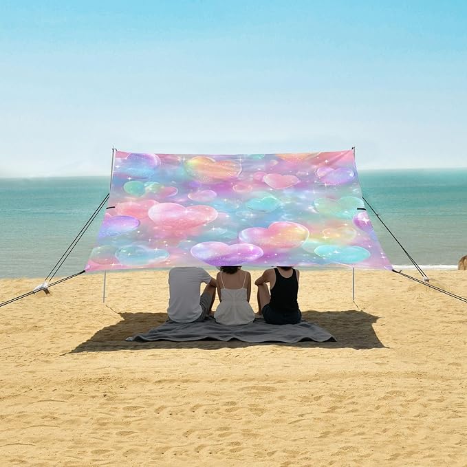 ALAZA Rainbow Heart Bubbles Unicorn Beach Tent Sun Shelter UPF50+ Protection Beach Shade Canopy w/ 4 Sandbags for Outdoor Camping Fishing Backyard Fun Picnic 10x9 ft