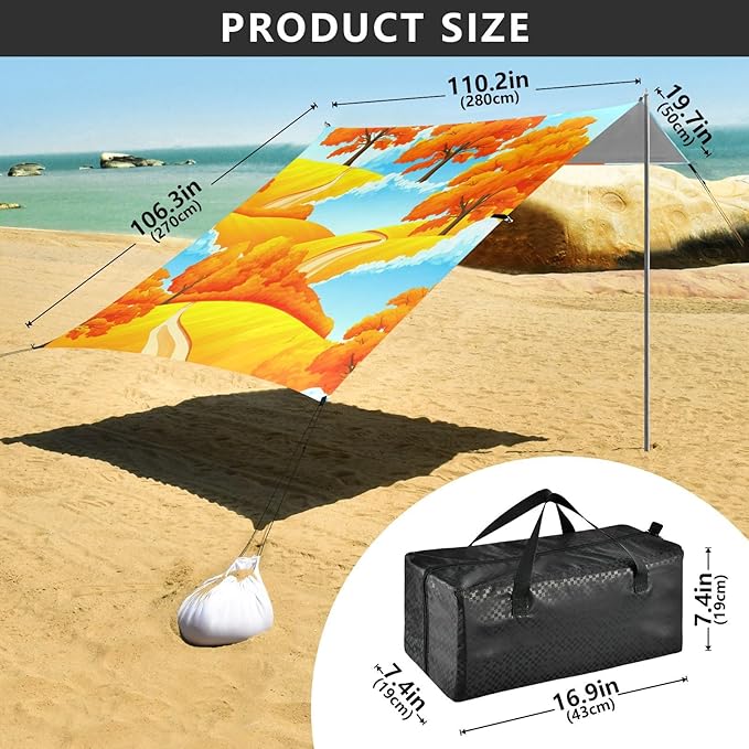 xigua Autumn Beach Tent Sun Shelter with Carrying Bag - Silver Coated Oxford Fabric Beach Canopy for Beach Camping Fishing - Includes Windproof Ropes Sandbags &amp Stakes
