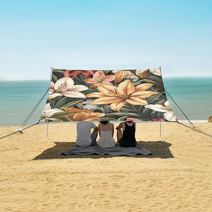 ALAZA Vintage Garden Colorful Flowers Lily Beach Tent Sun Shelter Portable Canopy Sunshade for Outdoor Camping Picnics Backyard Fun 10x9 ft
