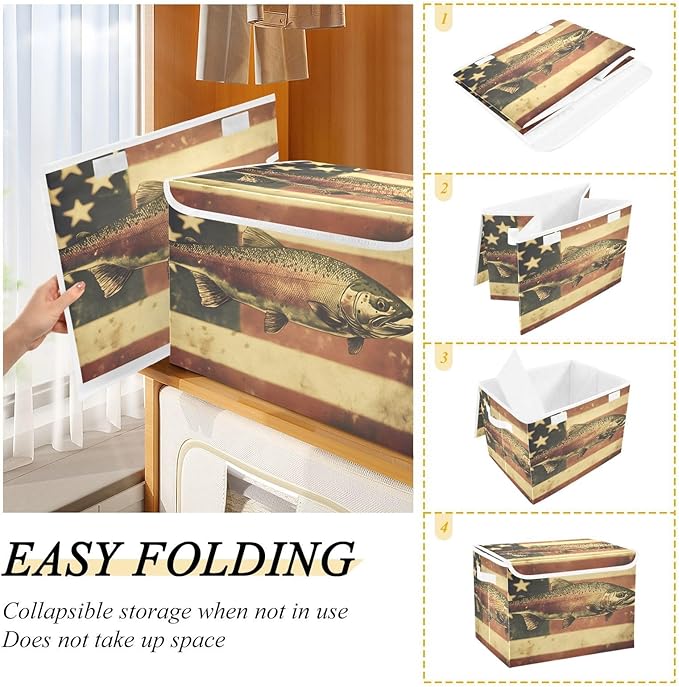 Storage Cube with Lid American Trout Print 16.5×12.6×11.8 IN 1 Pack Collapsible Large Capacity Foldable Storage Basket Bin Organizer