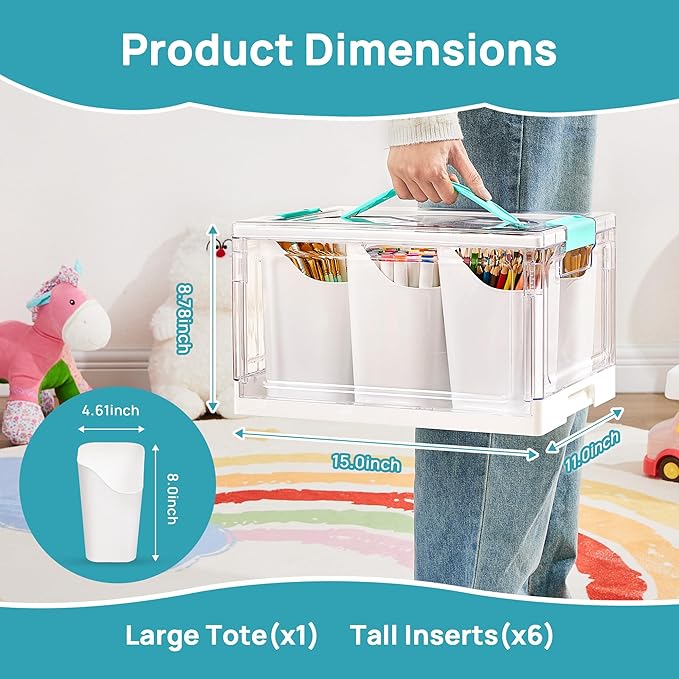 Vtopmart 24 QT Clear Plastic Craft Organizer with 6 Detachable Inserts Art Supply and Tool Storage Box for Craft CrayonPencils1 Pack
