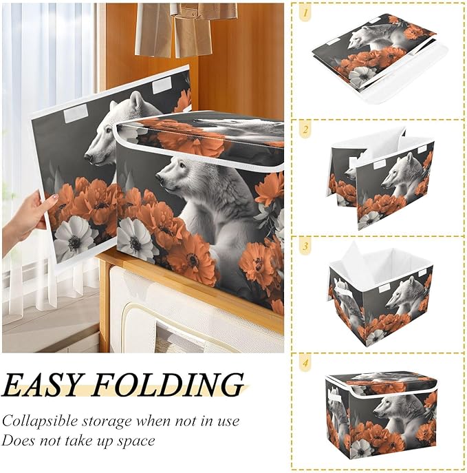 AIXIWAWA Lidded Storage Cube (Polar Bear Flower) Fabric Foldable Closet Bins with Flip Lid and Handles Organizer Basket Container 16.5 x 12.6 x 11.8 IN