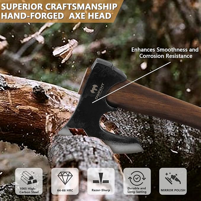 14.6 Hatchet Camping Hatchet with Leather Sheath Bushcraft Axe with 1065 Carbon Steel &amp Beech Handle Survival Axe for Wood Splitting and Chopping - Perfect for Gardening and Outdoor
