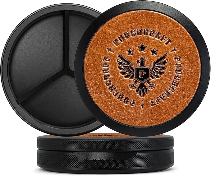 Leather-Faced Metal Pouch Can | Aluminum Container for Pouches with Removable Silicone Divider | Airtight O-Ring Moisture Odor Proof EDC Pocket Tin | Insignia Edition (Black)