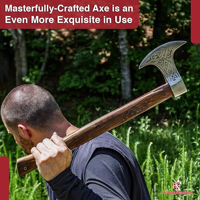 Armory Replicas™ Dragon Slayer Viking Battle Axe – 23 Carbon Steel Beheading Axe w/Knot Motif Sheesham Wood Handle Options – Rustic Brown Finish Functional Crescent Blade
