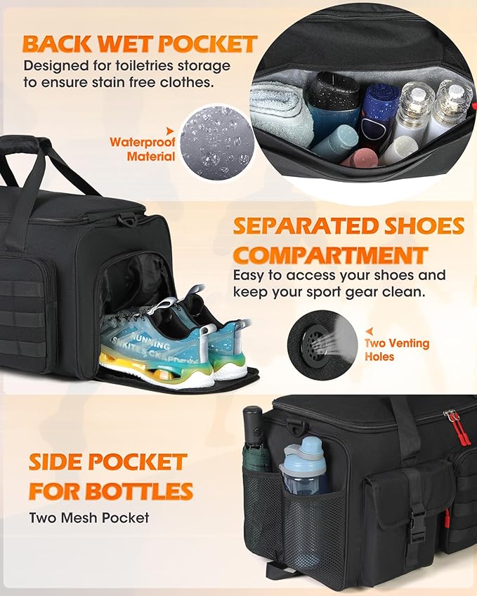 RAINSMORE Gym Bag for Men 45L Sports Travel Duffel Bag with Shoe &amp Laptop Compartment Gym Workout Backpack Carry On Weekender Bag Overnight Backpack for Travel Black