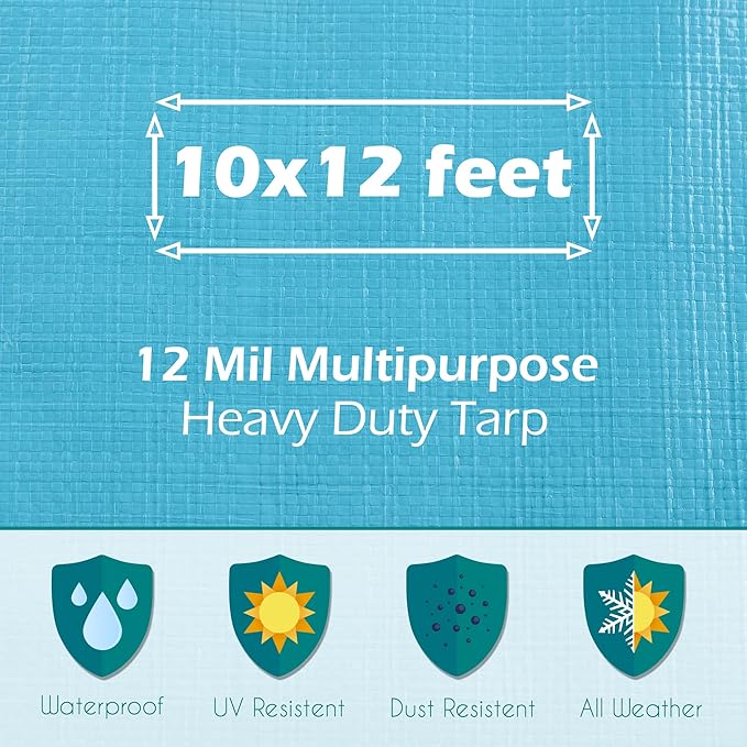 Tarps Heavy Duty Waterproof 10x12-12 mil Thick Camping Tent - Blue Tarp 10x12 UV Resistant Rip &amp Tear Proof with Metal Grommets – Multipurpose Use for Camping Tent Boat RV Car &amp Pool Cov