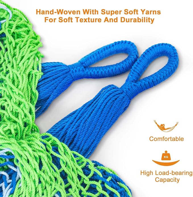 Lazy Daze Hammocks Handwoven Mayan Hammock 10.5 FT Soft Rope Double Hammocks Portable Outdoor Hammock with Carry Bag 2 Straps &amp Carabiners for Patio Outside 550 lbs Weight Capacity Blue/Green