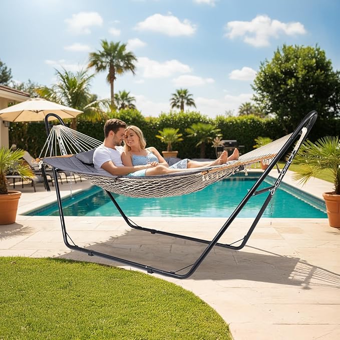 ONCLOUD Double Hammock with Stand for Outside Rope Hammock with Pillow and Pad Heavy Duty Hammock Set for Backyard 550 LBS (Grey)