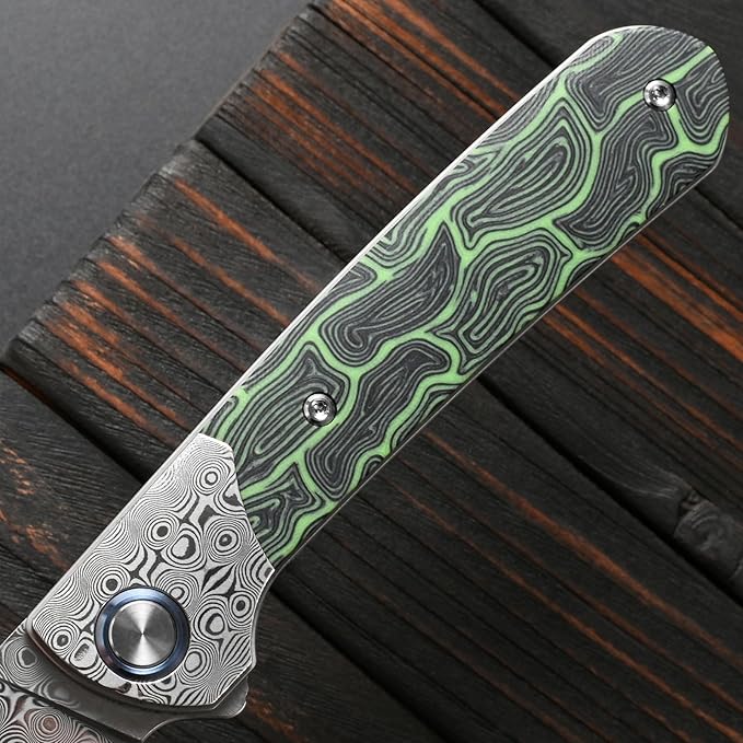 Sitivien ST256 Damascus Steel Folding KnifeDamascus Blade with Colorful G10 Handle EDC Knife for Outdoor CampingHiking Fishing(Green) … …