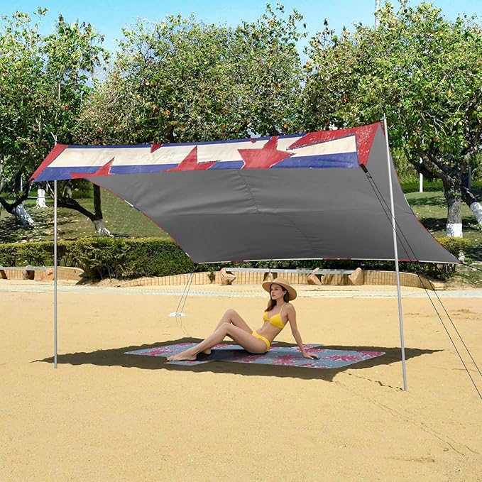 xigua Flag Beach Tent Sun Shelter with Carrying Bag - Silver Coated Oxford Fabric Beach Canopy for Beach Camping Fishing - Includes Windproof Ropes Sandbags &amp Stakes