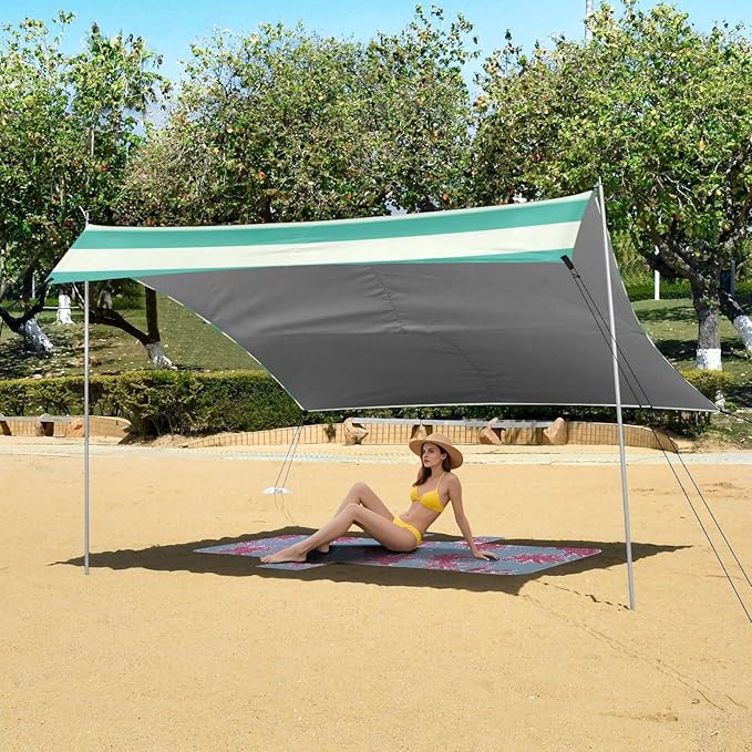 ALAZA Mint Green Stripes Beach Tent Sun Shelter Portable Canopy Sunshade for Outdoor Camping Picnics Backyard Fun 10x9 ft