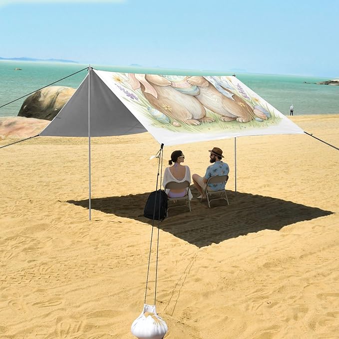 xigua Easter Bunny Beach Tent Sun Shelter with Carrying Bag - Silver Coated Oxford Fabric Beach Canopy for Beach Camping Fishing - Includes Windproof Ropes Sandbags &amp Stakes