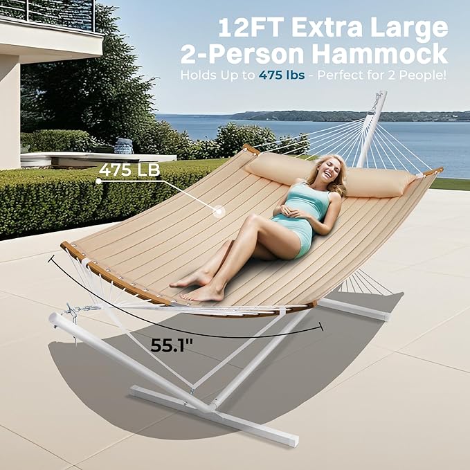SUPERJARE Hammock with Stand 2 Person Heavy Duty Hammock with Padded Cotton Detachable Pillow &amp Strong Curved-Bar &amp Portable Carrying Bag Perfect for Outdoor &amp Indoor Beige