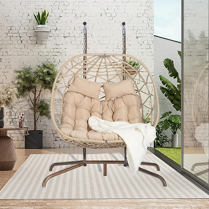 KEIKI Double Swing Egg Chair with Stand Patio Rattan Wicker Hammock Egg Chair with UV Resistant Cushion 2 Person Outdoor Indoor Hanging Basket Chair 600LBS Capacity for Balcony Garden Khaki
